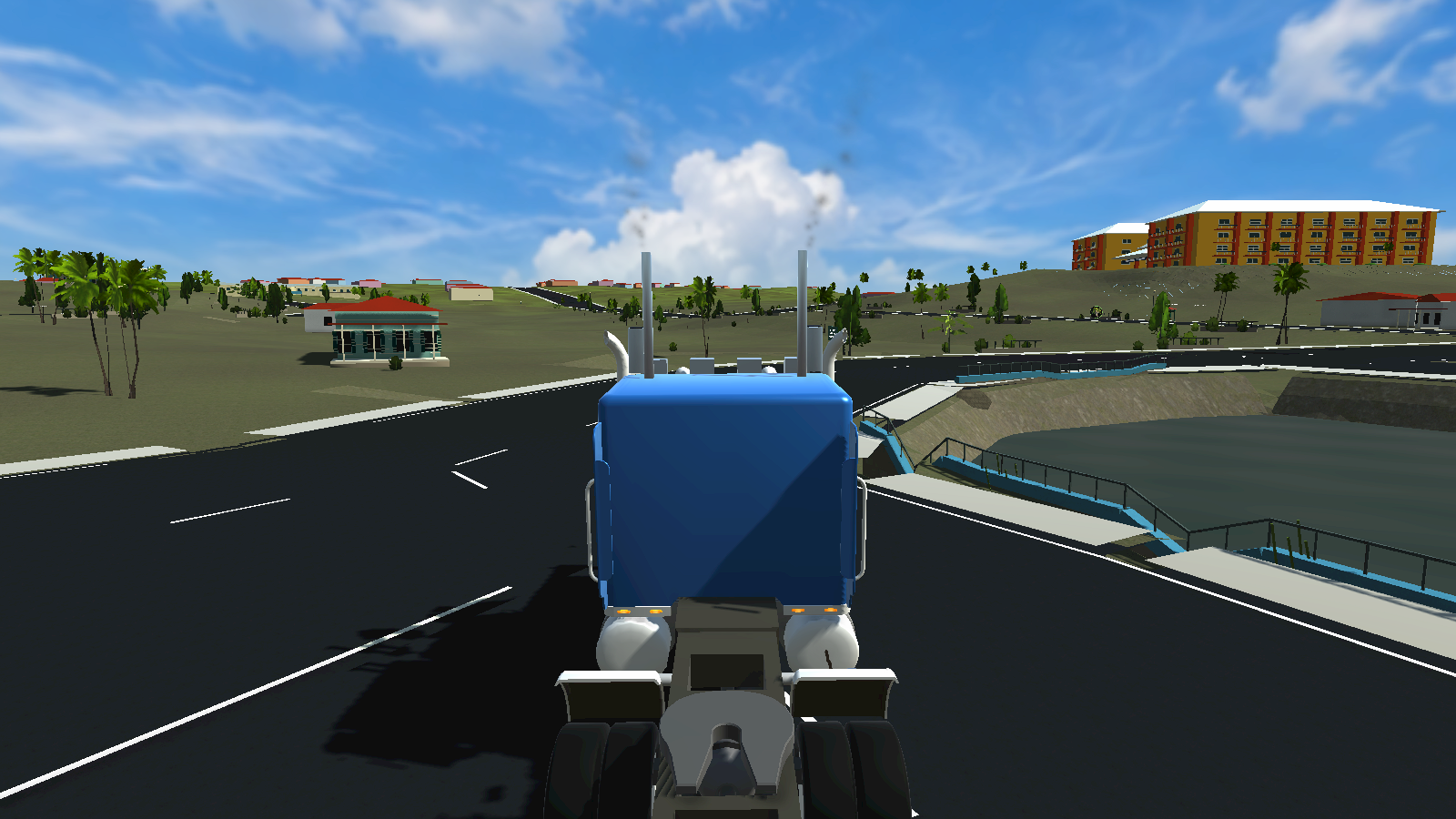 A blue truck driving through the Antigua Truck Run world beside Country Pond